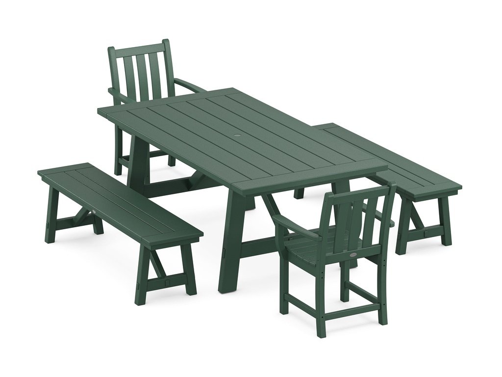 Traditional Garden 5-Piece Rustic Farmhouse Dining Set With Benches Photo