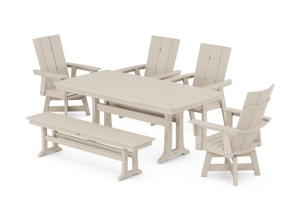 Modern Curveback Adirondack Swivel Chair 6-Piece Dining Set with Trestle Legs and Bench Photo