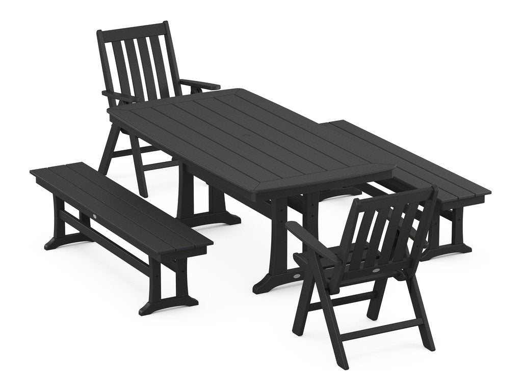 Vineyard Folding Chair 5-Piece Dining Set with Trestle Legs and Benches Photo