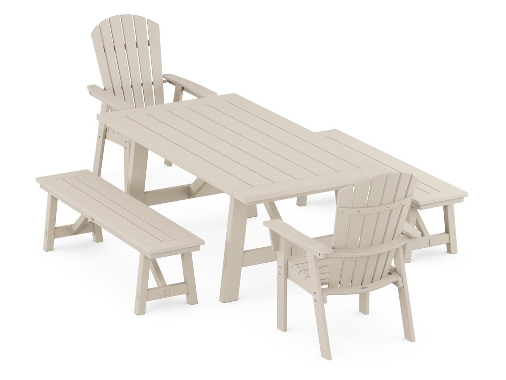 Nautical Curveback Adirondack 5-Piece Rustic Farmhouse Dining Set With Benches Photo