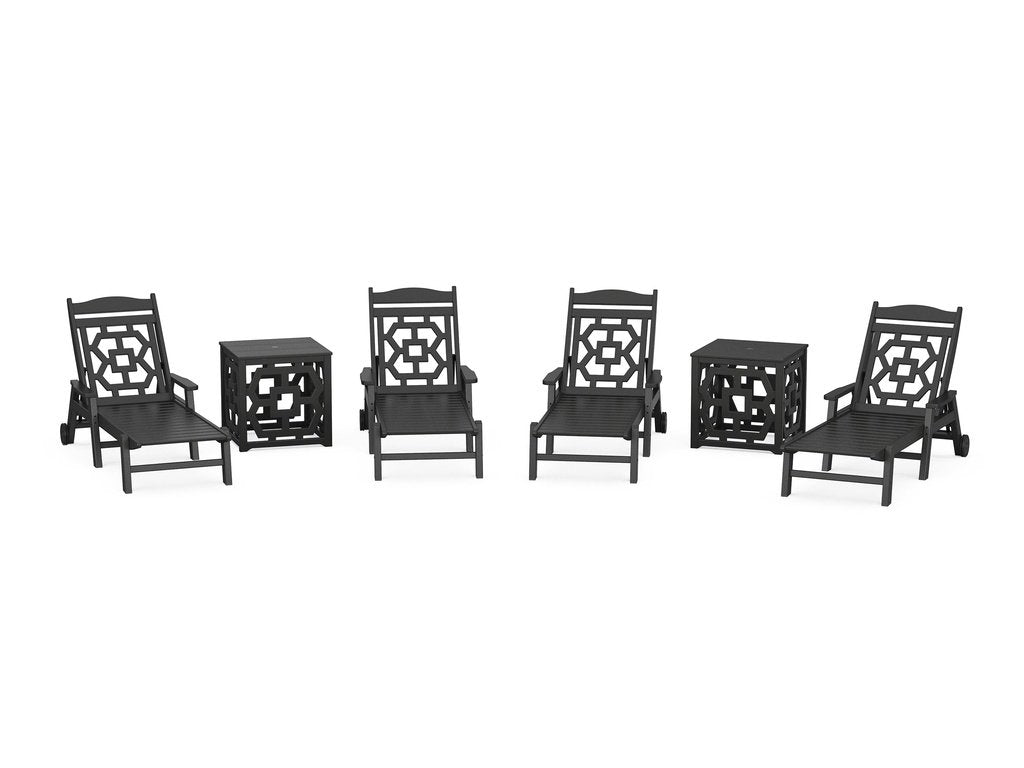 Chinoiserie 6-Piece Chaise Set with Umbrella Stand Accent Table Photo