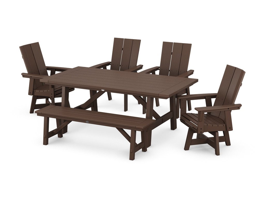 Modern Curveback Adirondack Swivel Chair 6-Piece Rustic Farmhouse Dining Set with Bench Photo