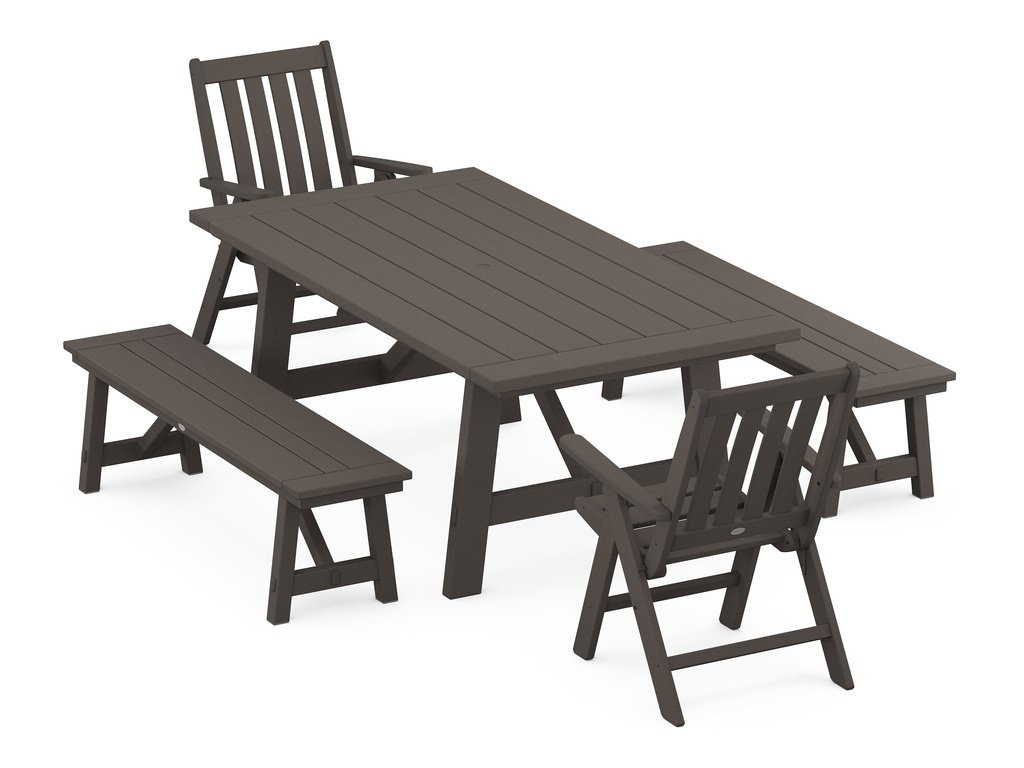 Vineyard Folding Chair 5-Piece Rustic Farmhouse Dining Set With Benches Photo