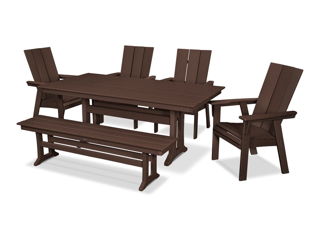 Modern Curveback Adirondack 6-Piece Farmhouse Dining Set with Trestle Legs and Bench Photo