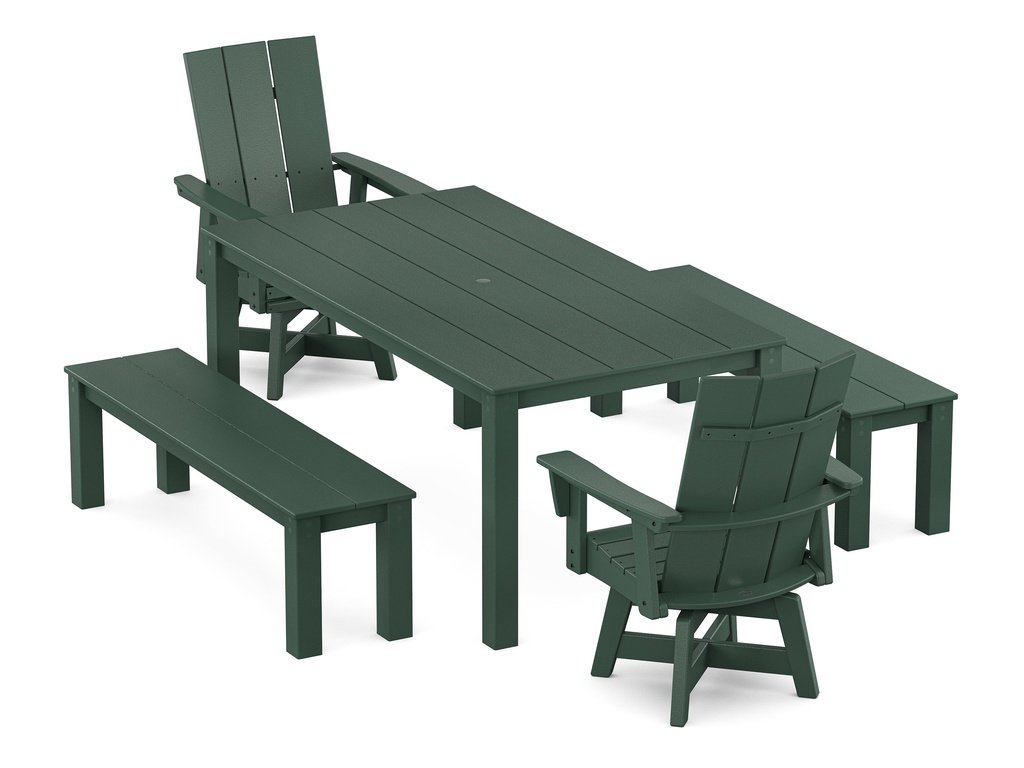 Modern Curveback Adirondack 5-Piece Parsons Swivel Dining Set with Benches Photo