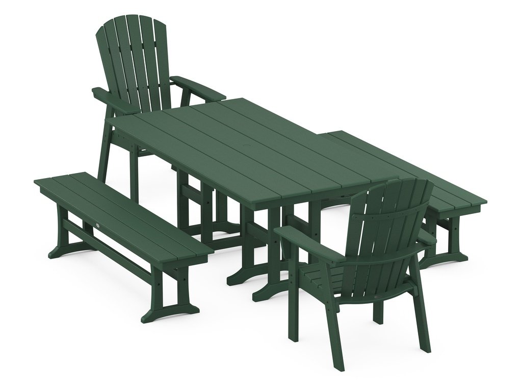 Nautical Curveback Adirondack 5-Piece Farmhouse Dining Set with Benches Photo