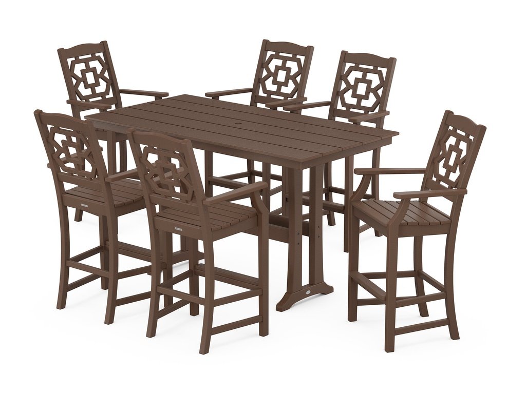 Chinoiserie Arm Chair 7-Piece Farmhouse Bar Set with Trestle Legs Photo