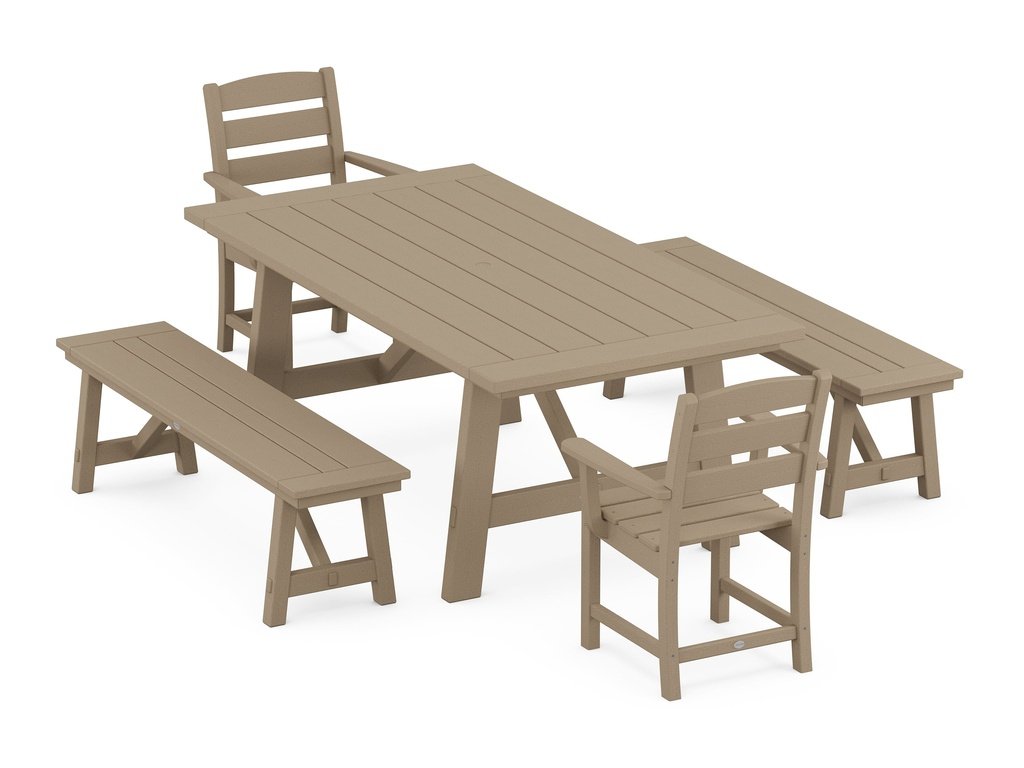 Lakeside 5-Piece Rustic Farmhouse Dining Set With Benches Photo