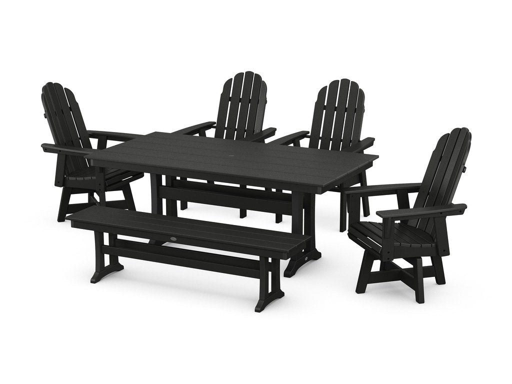 Vineyard Curveback Adirondack 6-Piece Swivel Chair Farmhouse Dining Set with Trestle Legs and Bench Photo