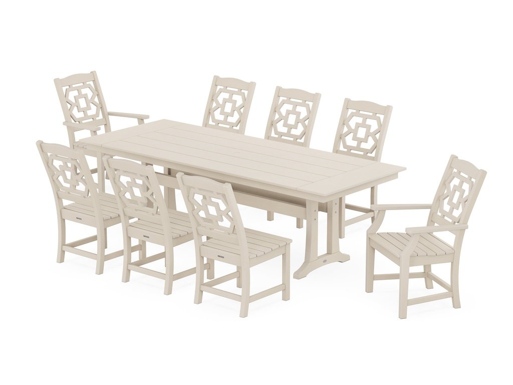 Chinoiserie 9-Piece Farmhouse Dining Set with Trestle Legs Photo