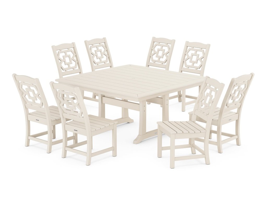 Chinoiserie 9-Piece Square Side Chair Dining Set with Trestle Legs Photo