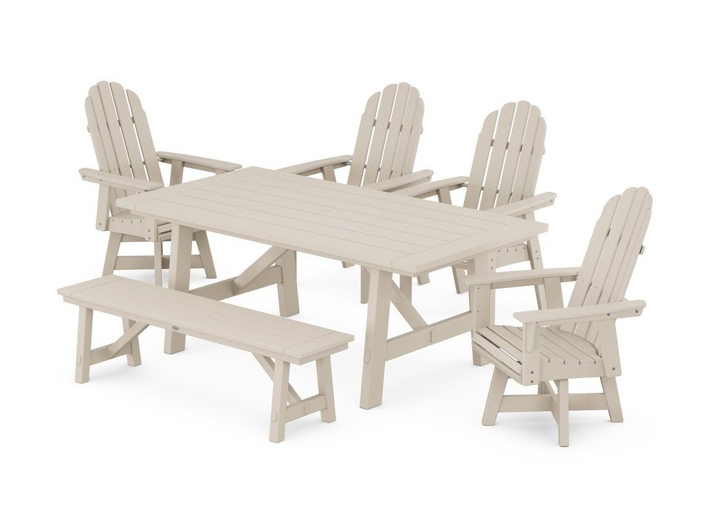 Vineyard Curveback Adirondack Swivel Chair 6-Piece Rustic Farmhouse Dining Set With Bench Photo