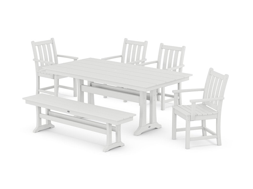 Traditional Garden Arm Chair 6-Piece Farmhouse Dining Set with Trestle Legs and Bench Photo