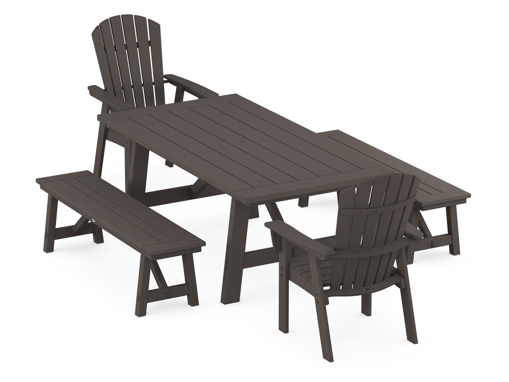 Nautical Curveback Adirondack 5-Piece Rustic Farmhouse Dining Set With Benches Photo