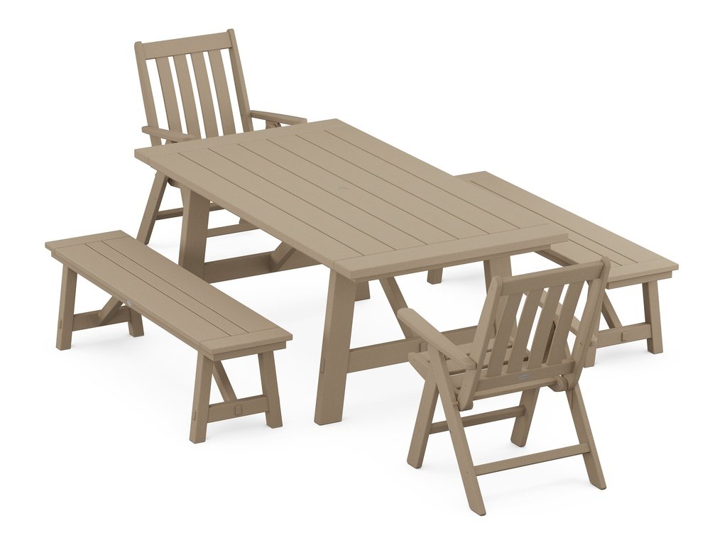 Vineyard Folding Chair 5-Piece Rustic Farmhouse Dining Set With Benches Photo