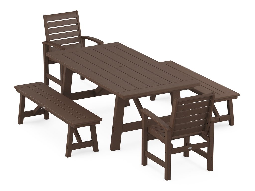 Signature 5-Piece Rustic Farmhouse Dining Set With Benches Photo