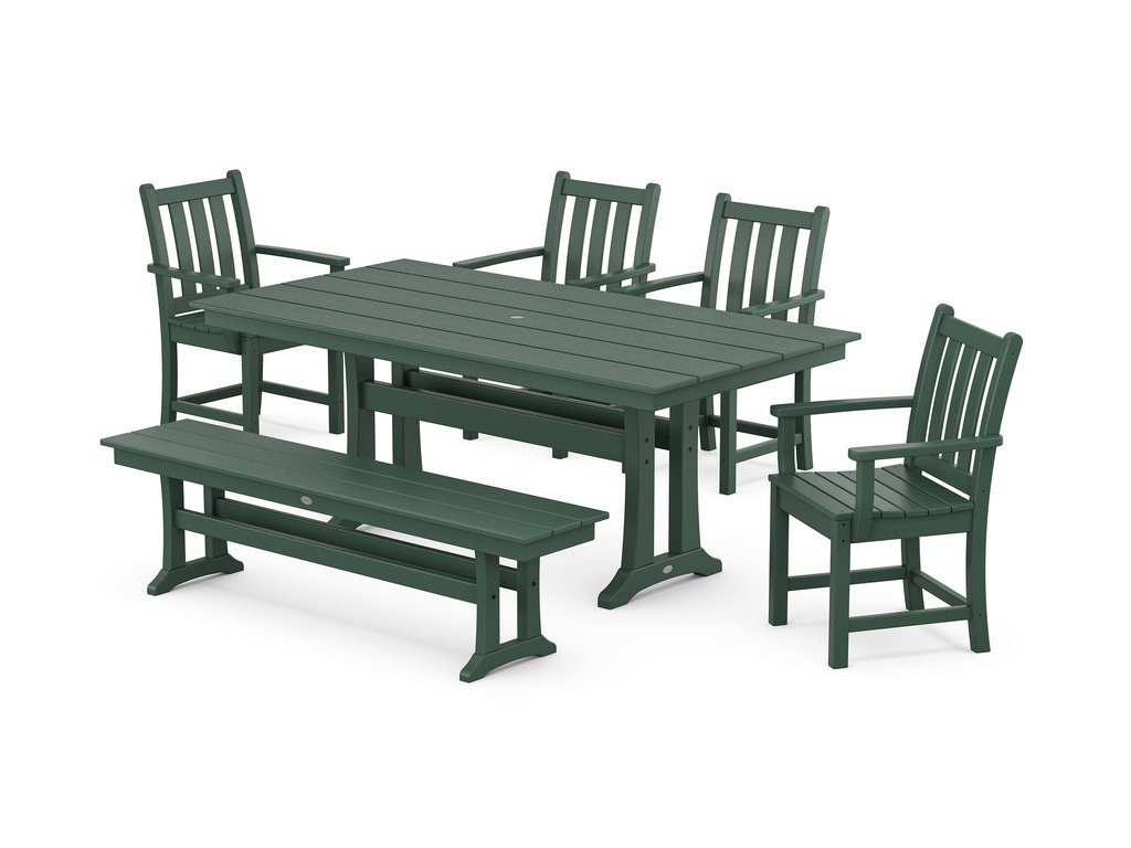 Traditional Garden Arm Chair 6-Piece Farmhouse Dining Set with Trestle Legs and Bench Photo