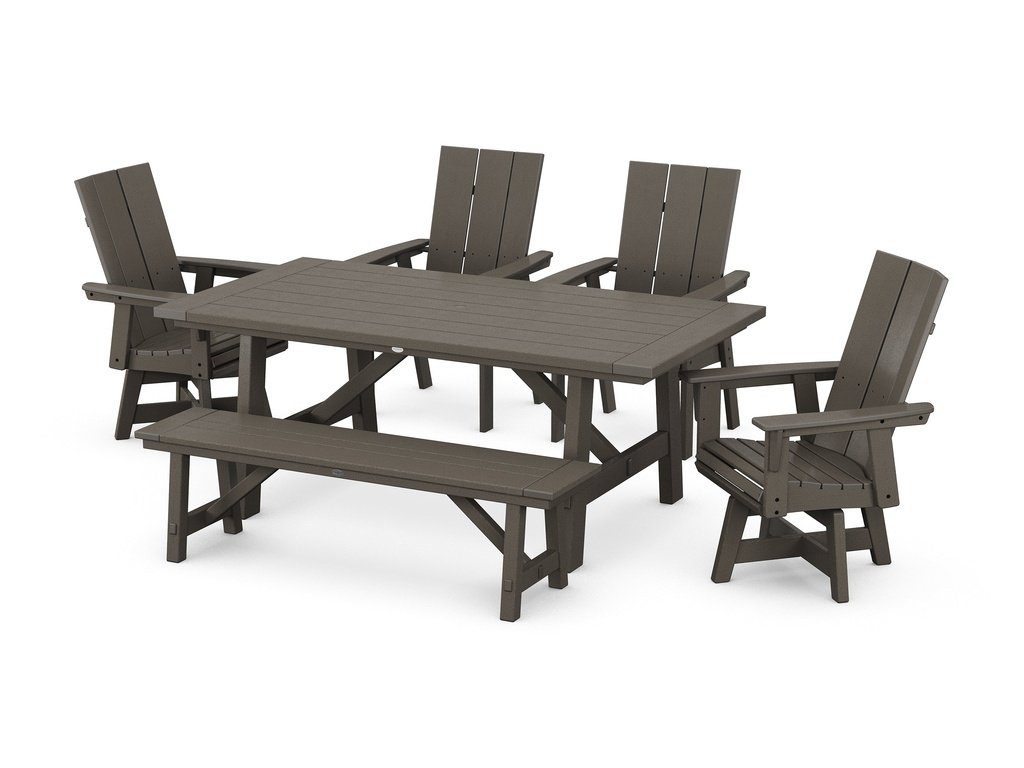 Modern Curveback Adirondack Swivel Chair 6-Piece Rustic Farmhouse Dining Set with Bench Photo