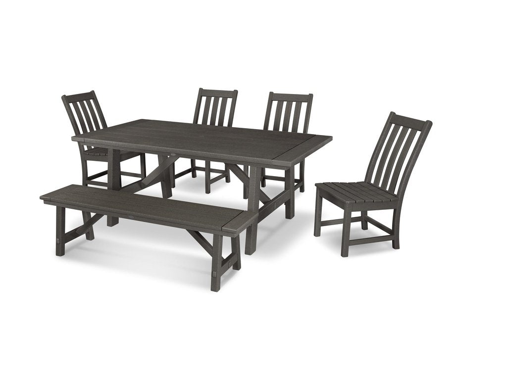 Vineyard 6-Piece Rustic Farmhouse Side Chair Dining Set with Bench Photo