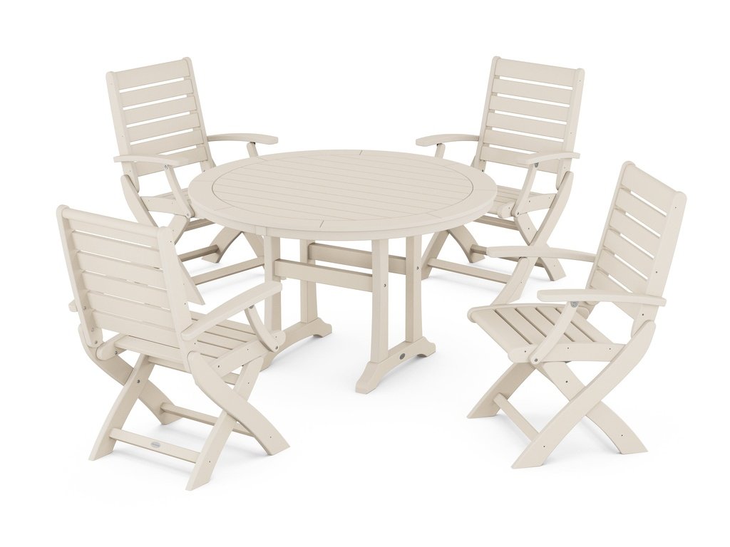 Signature Folding Chair 5-Piece Round Dining Set with Trestle Legs Photo