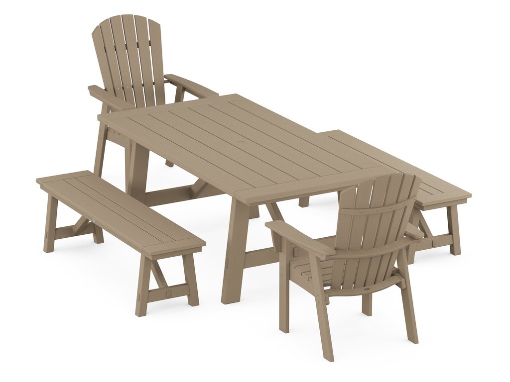 Nautical Curveback Adirondack 5-Piece Rustic Farmhouse Dining Set With Benches Photo