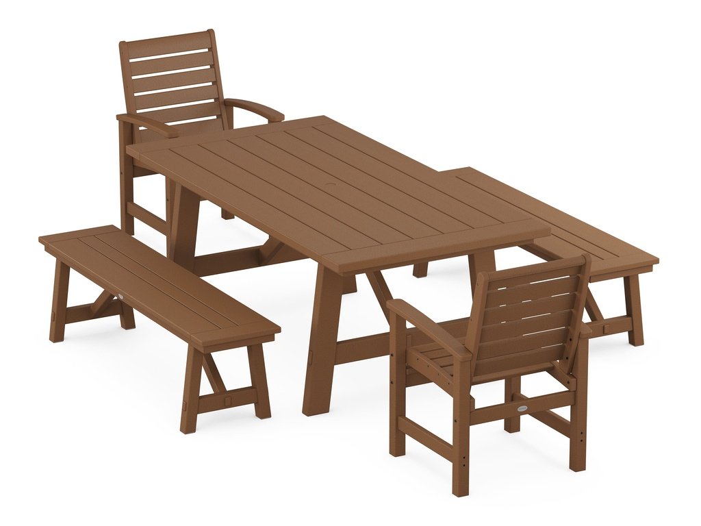 Signature 5-Piece Rustic Farmhouse Dining Set With Benches Photo