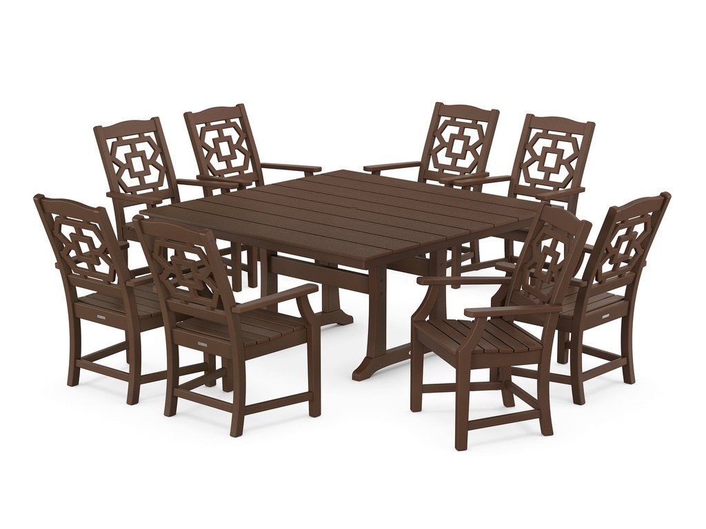 Chinoiserie 9-Piece Square Farmhouse Dining Set with Trestle Legs Photo