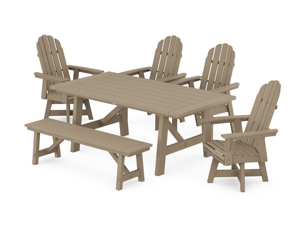 Vineyard Curveback Adirondack Swivel Chair 6-Piece Rustic Farmhouse Dining Set With Bench Photo