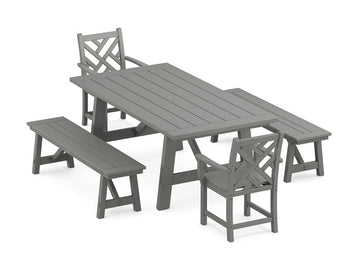 Chippendale 5-Piece Rustic Farmhouse Dining Set With Benches Photo