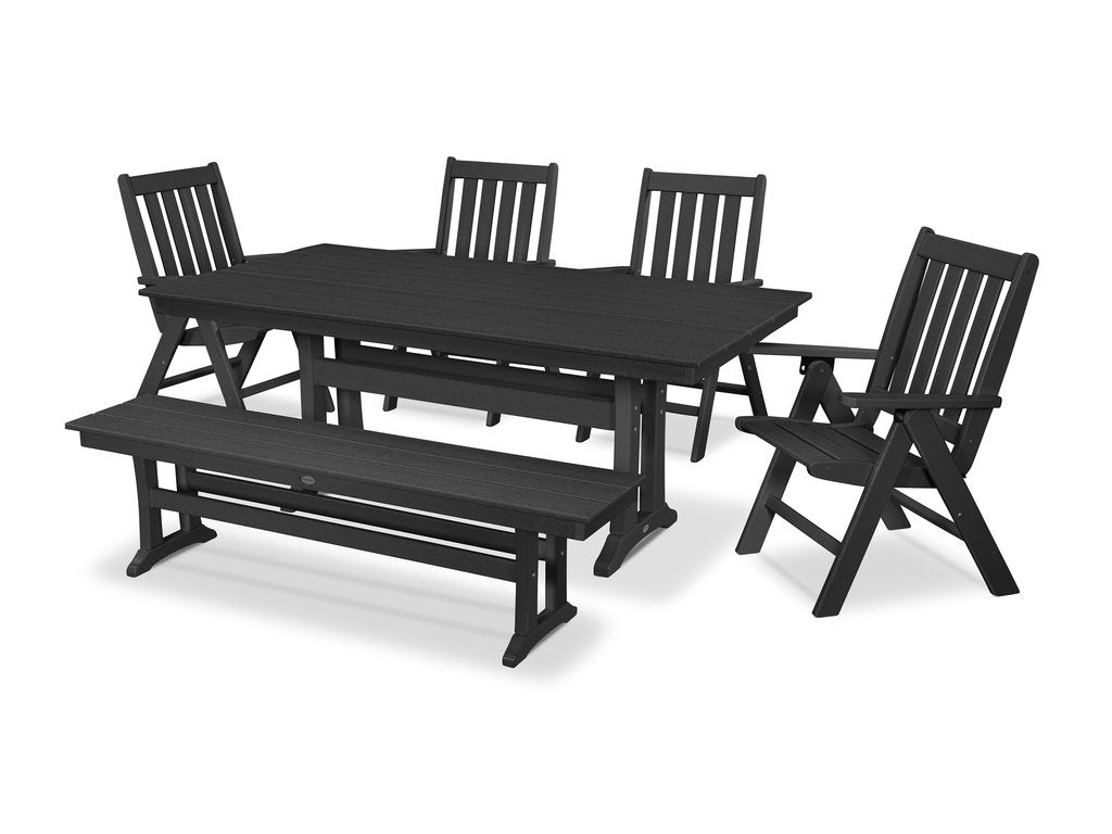 Vineyard 6-Piece Folding Chair Farmhouse Dining Set with Trestle Legs and Bench Photo