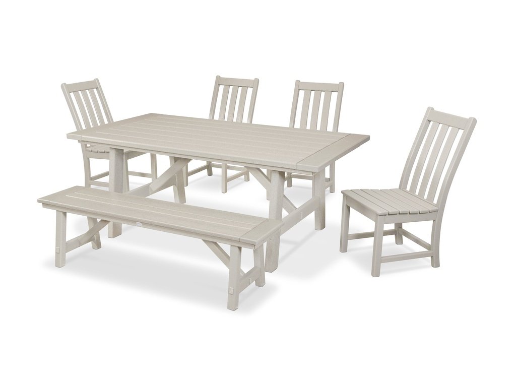 Vineyard 6-Piece Rustic Farmhouse Side Chair Dining Set with Bench Photo