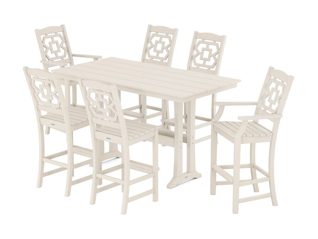 Chinoiserie 7-Piece Farmhouse Bar Set with Trestle Legs Photo