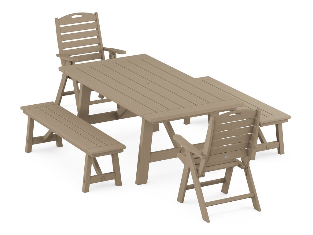 Nautical Folding Highback Chair 5-Piece Rustic Farmhouse Dining Set With Benches Photo