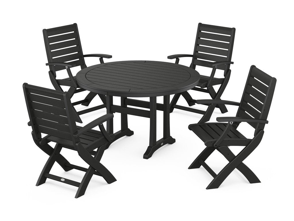 Signature Folding Chair 5-Piece Round Dining Set with Trestle Legs Photo