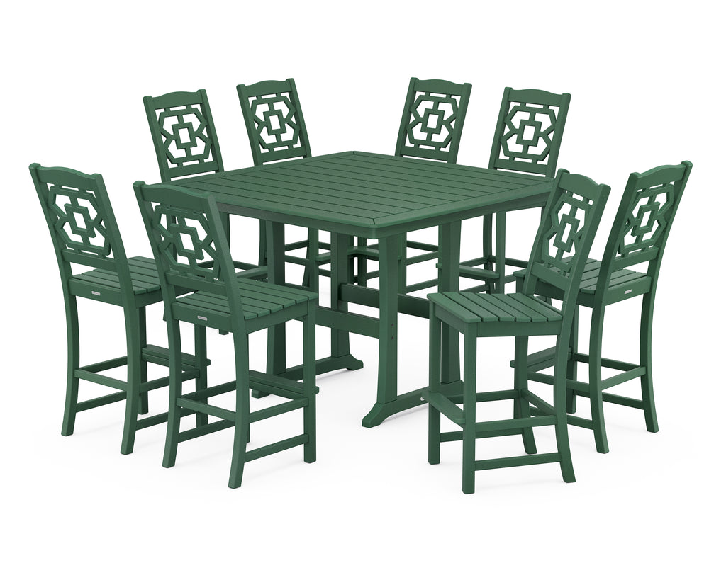 Chinoiserie 9-Piece Square Side Chair Bar Set with Trestle Legs Photo