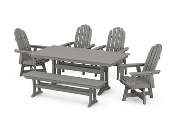 Vineyard Curveback Adirondack 6-Piece Swivel Chair Farmhouse Dining Set with Trestle Legs and Bench Photo