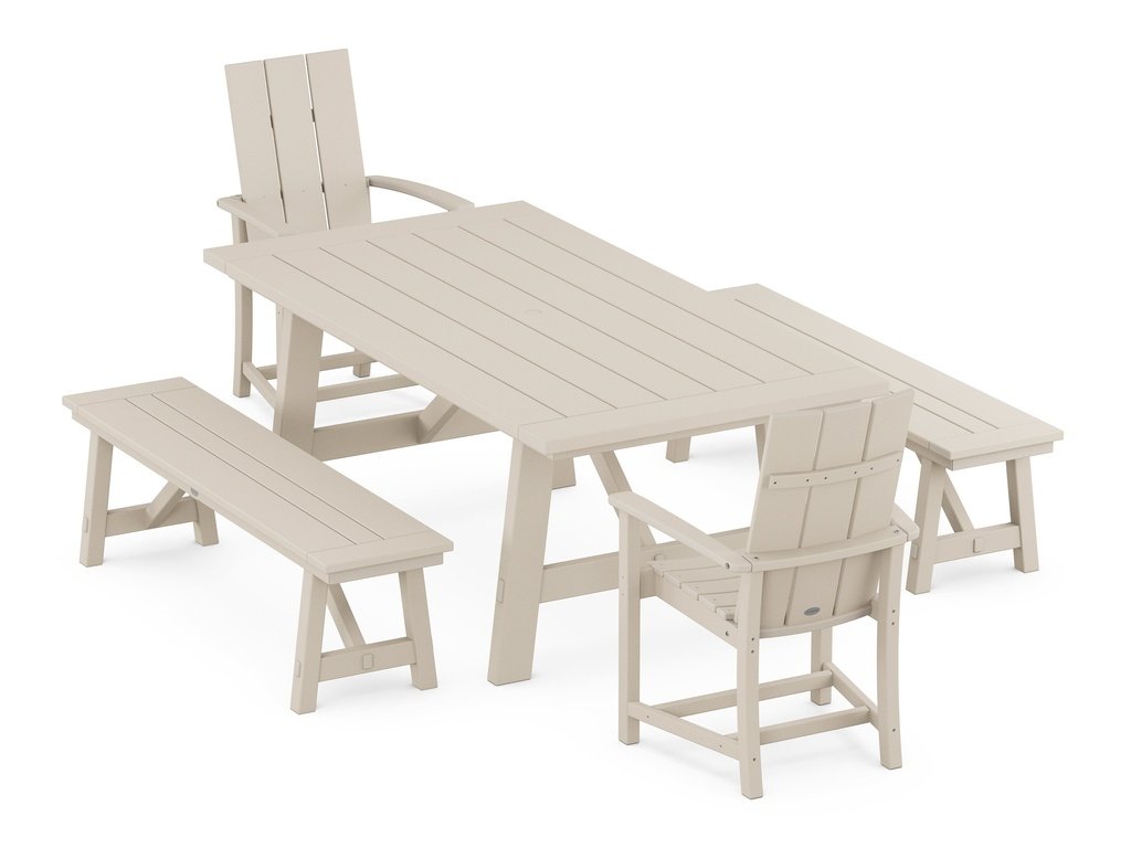 Modern Adirondack 5-Piece Rustic Farmhouse Dining Set With Benches Photo