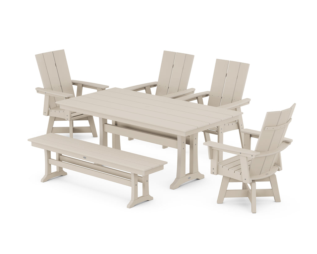 Modern Curveback Adirondack Swivel Chair 6-Piece Farmhouse Dining Set With Trestle Legs and Bench Photo