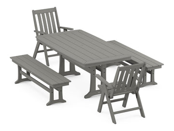 Vineyard Folding Chair 5-Piece Dining Set with Trestle Legs and Benches Photo