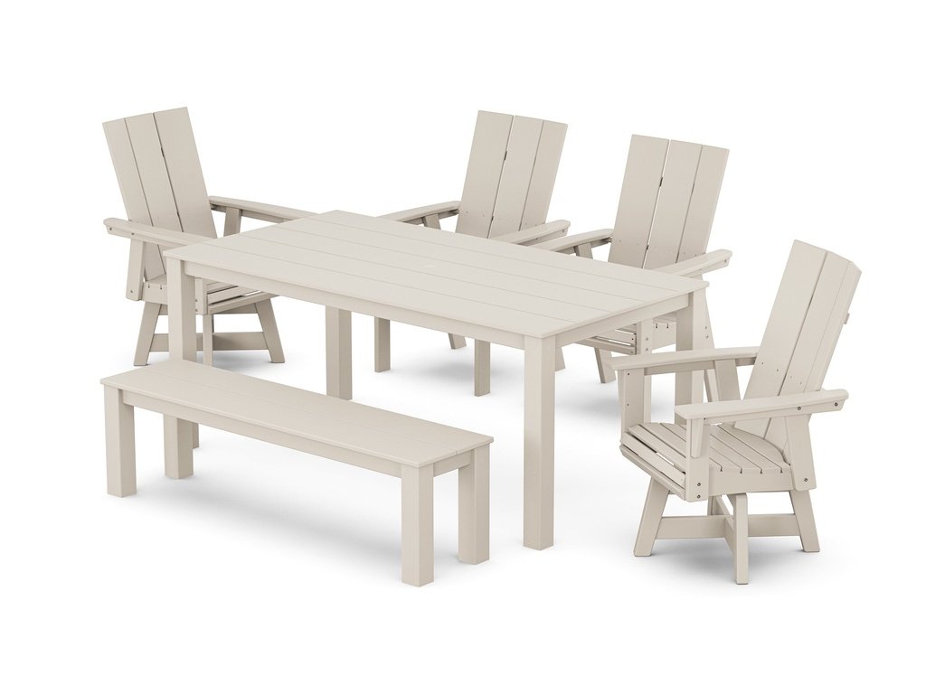 Modern Curveback Adirondack 6-Piece Parsons Swivel Dining Set with Bench Photo