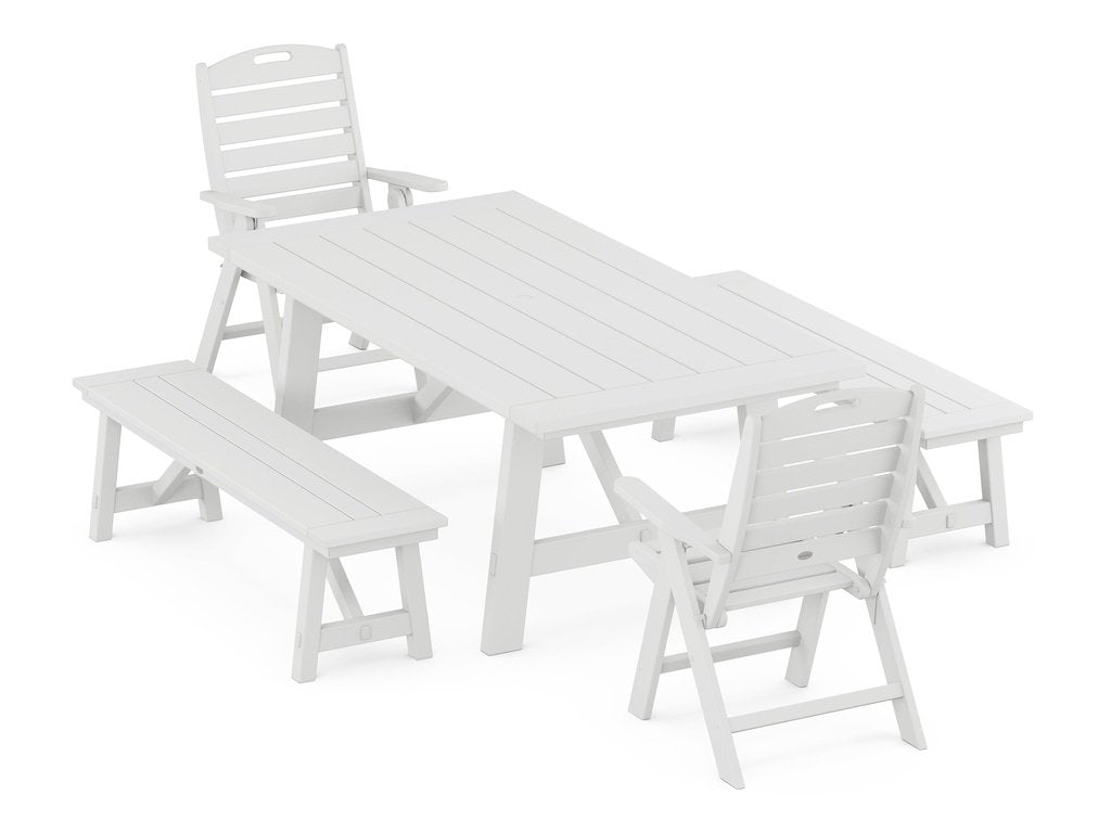 Nautical Folding Highback Chair 5-Piece Rustic Farmhouse Dining Set With Benches Photo