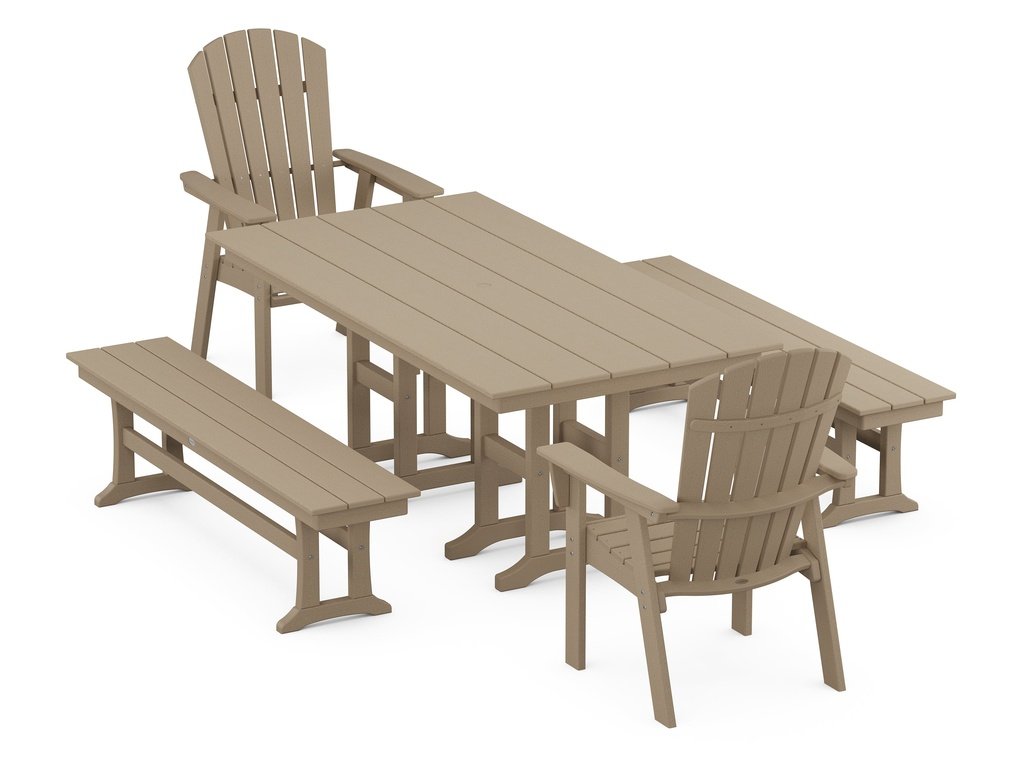 Nautical Curveback Adirondack 5-Piece Farmhouse Dining Set with Benches Photo