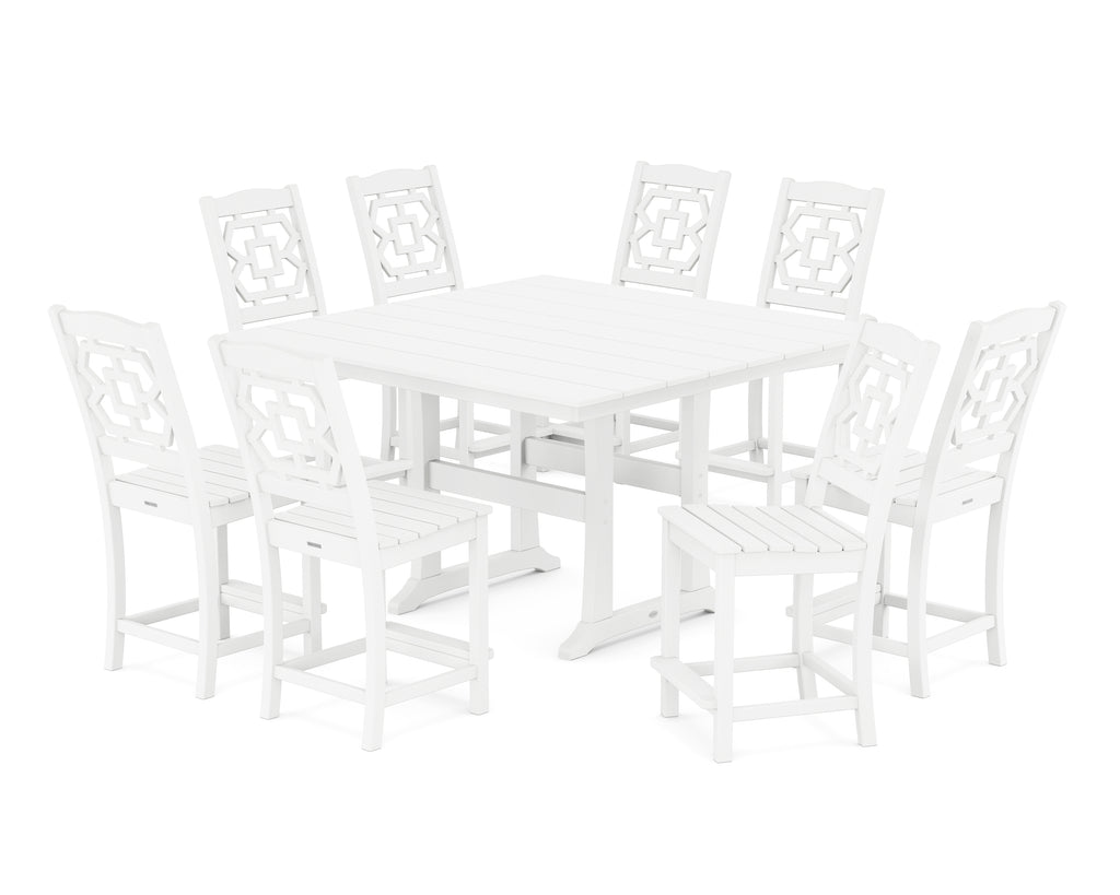 Chinoiserie 9-Piece Square Farmhouse Side Chair Counter Set with Trestle Legs Photo