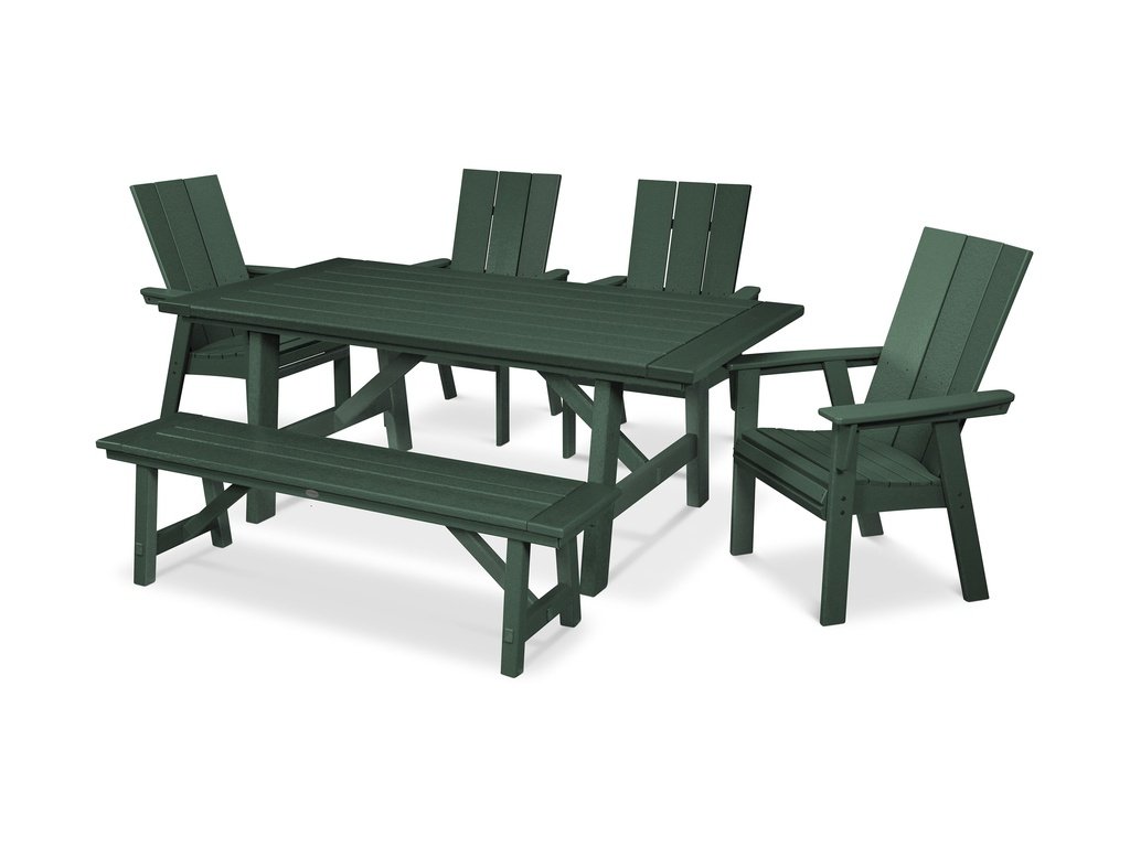 Modern Curveback Adirondack 6-Piece Rustic Farmhouse Dining Set with Bench Photo