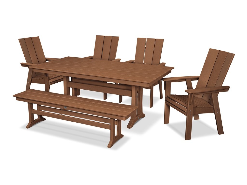 Modern Curveback Adirondack 6-Piece Farmhouse Dining Set with Trestle Legs and Bench Photo