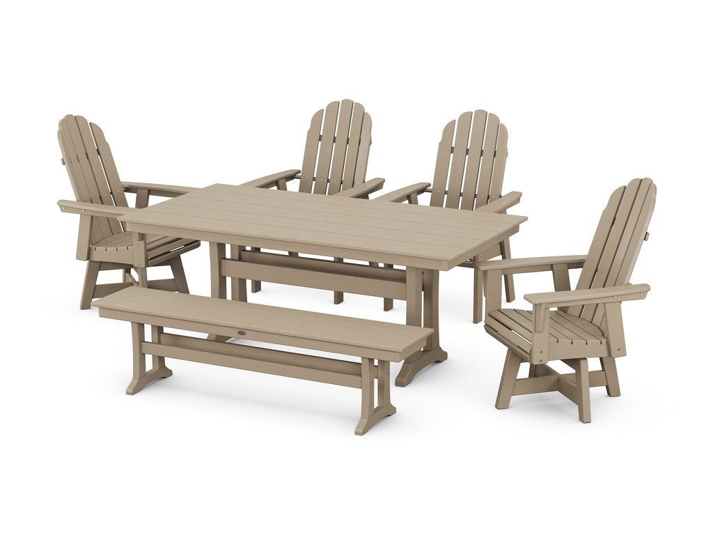 Vineyard Curveback Adirondack 6-Piece Swivel Chair Farmhouse Dining Set with Trestle Legs and Bench Photo