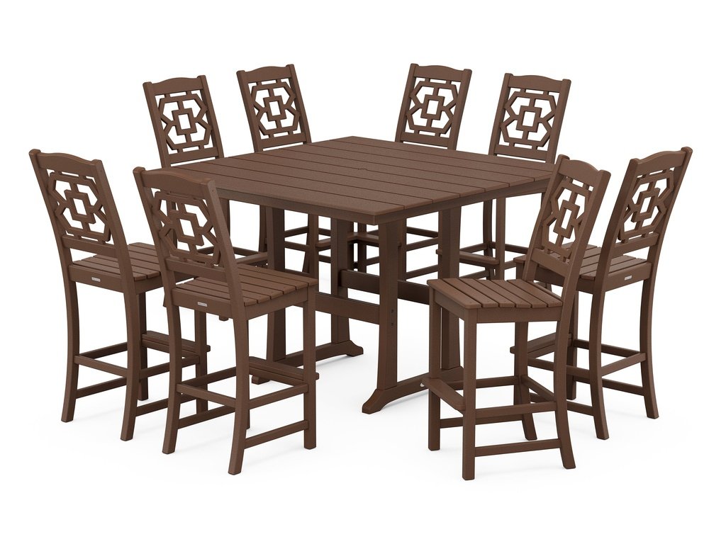 Chinoiserie 9-Piece Square Farmhouse Side Chair Bar Set with Trestle Legs Photo