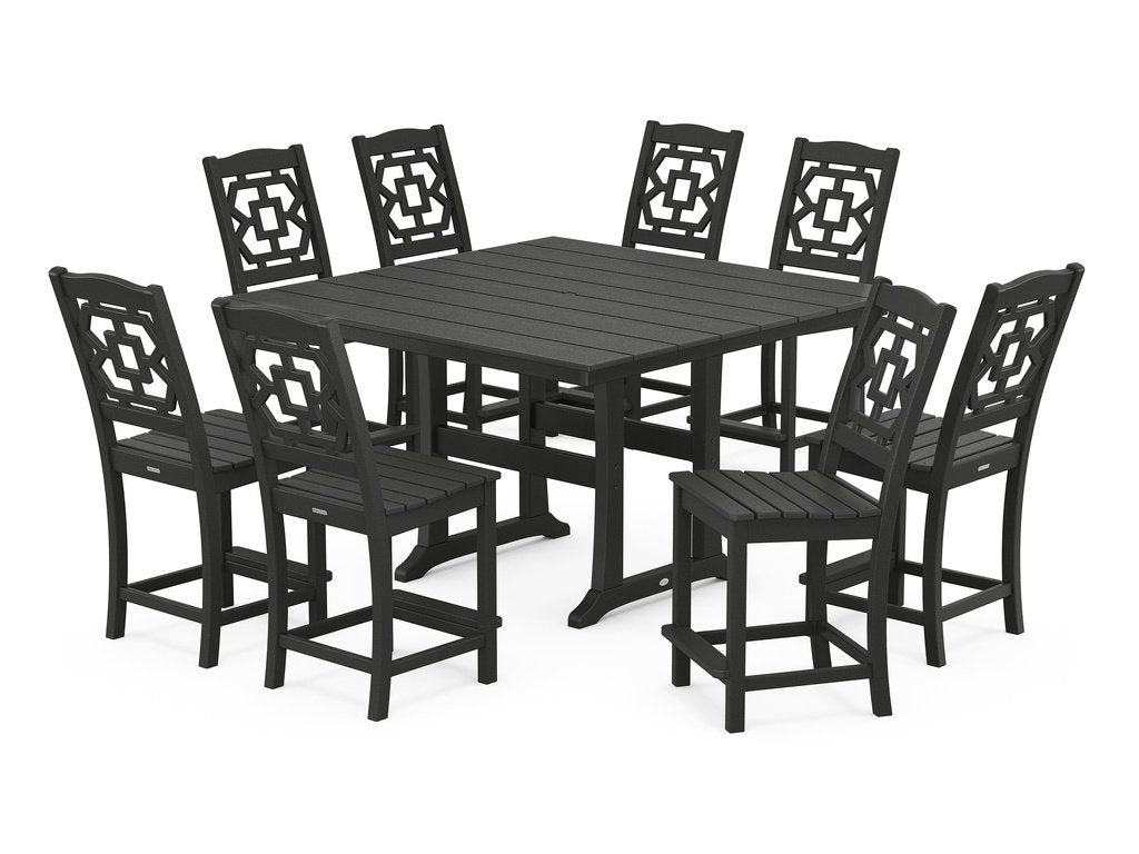 Chinoiserie 9-Piece Square Farmhouse Side Chair Counter Set with Trestle Legs Photo