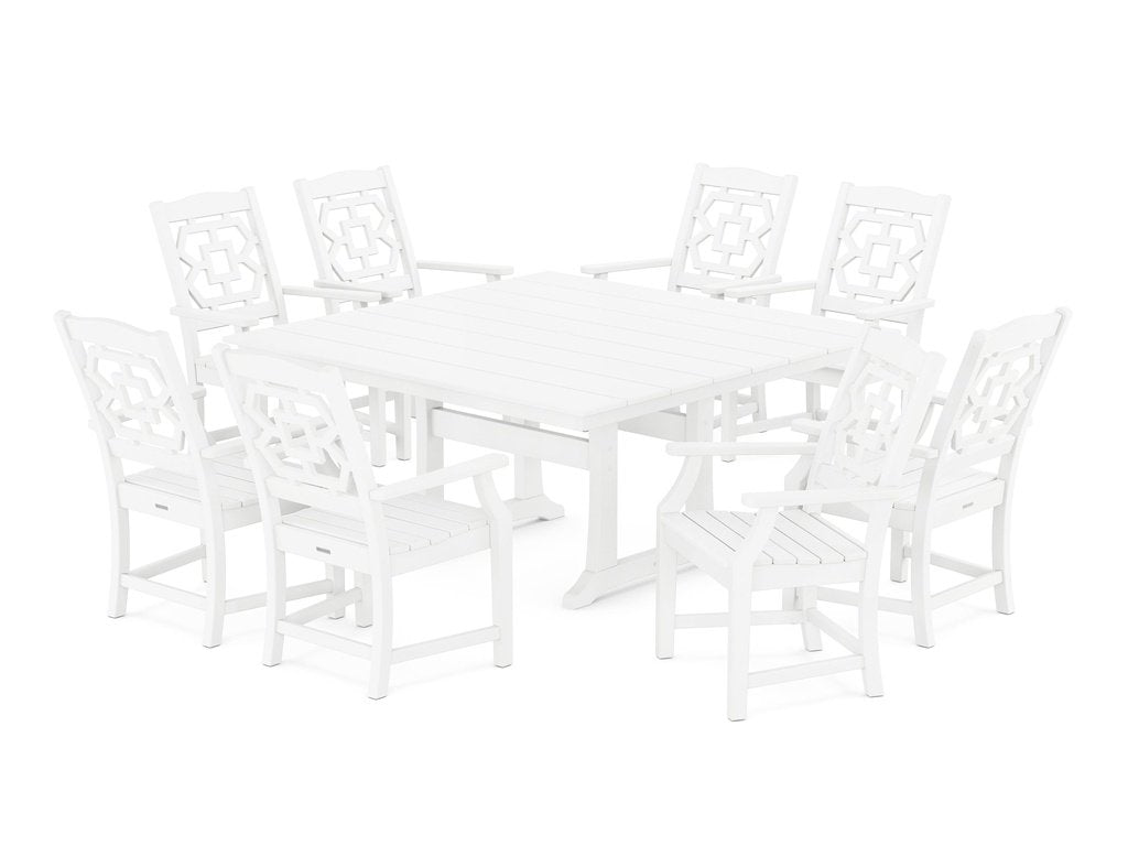 Chinoiserie 9-Piece Square Farmhouse Dining Set with Trestle Legs Photo