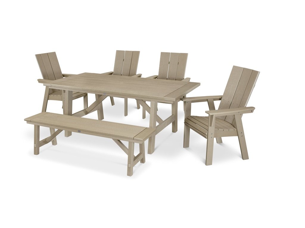 Modern Curveback Adirondack 6-Piece Rustic Farmhouse Dining Set with Bench Photo